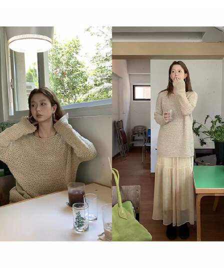 helloooeat 느긋한 바람 홀로우 아웃 모직물 맨위 레트로 가을 여성 출퇴근 다용도 긴팔 스웨터 블라우스
