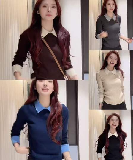 직장 착용 가져 가라. polo 폴로 칼라 니트 스웨터 배색 페이크 레이어드 스웨터 여자 가을 겨울철 출퇴근 인사이드 가져 가라. 만나는 맨위