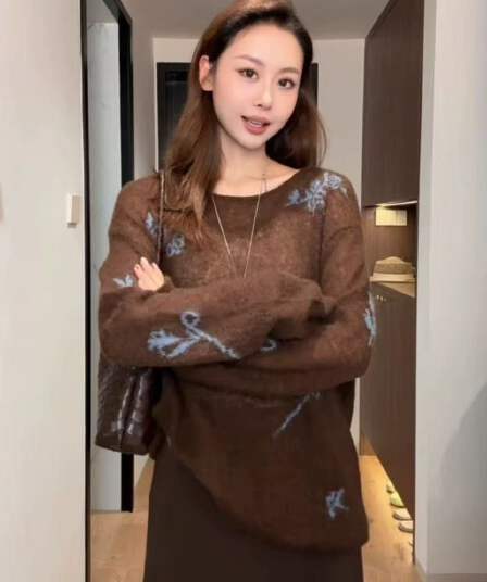 아름다움 라드. 커피 색상 자수 니트 스웨터 여성 고급 센스 느긋한 chic 풀오버 2026 새로운 맨위 이른 봄