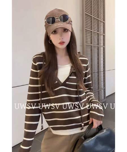 Annan uwsv 새로운 이른 가을 한 부서 작은 대중 루즈핏 캐주얼 여자 모자 셔츠 페이크 레이어드 후드 스트라이프 니트 스웨터