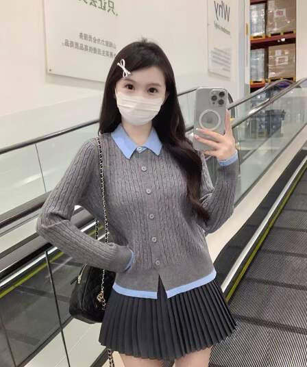 이른 가을 프랑스식 학원 스타일 배색 폴로 칼라 페이크 레이어드 니트 열기 털 의류 여성 재킷 꽈배기 그레이트 봐. 의류