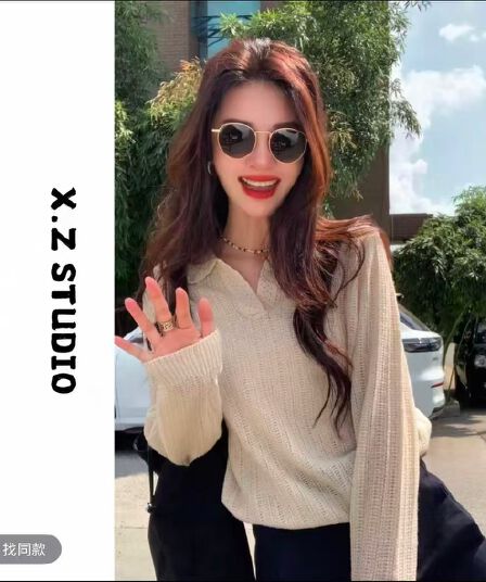 프랑스식 홀로우 아웃 니트 POLO 셔츠 여성 이른 가을 착용 가져 가라. 고급 센스 chic Chic 느긋한 오래된 돈 바람 폴로 칼라 맨위