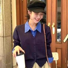 批发秋新 <b class='q'>韩国</b><b class='q'>代购</b><b class='q'>正品</b>女装 时尚衬衣翻领假两件套长袖单排扣针织衫