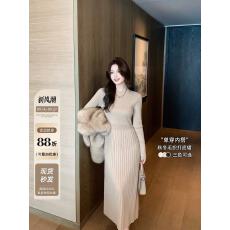 批发岛歌夫人法式百褶中长款内搭针织<b class='q'>连衣裙</b>女秋冬修身显瘦高腰打底裙