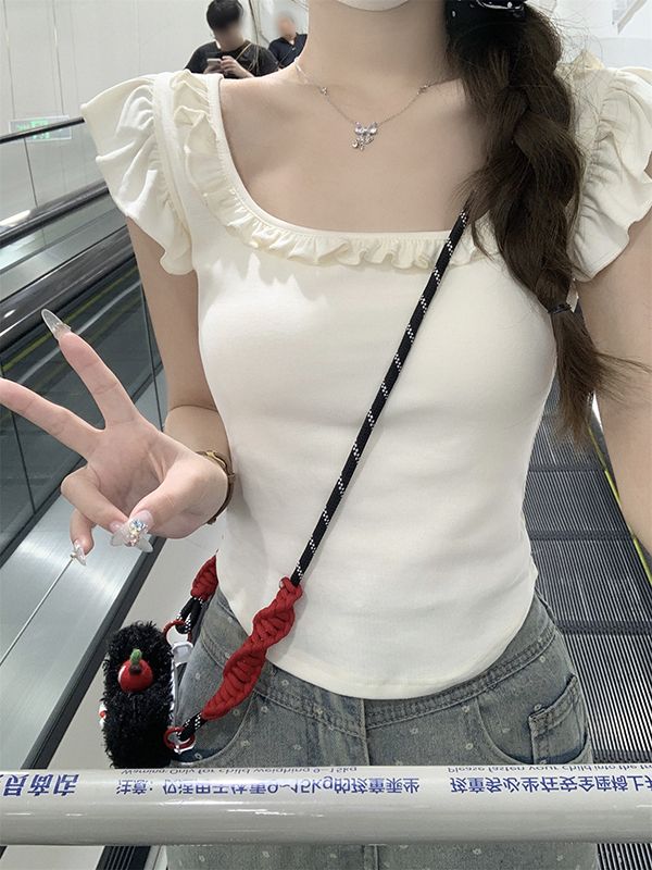 FA33369# 人棉夏季修身显瘦短款方领上衣女 服裝批發女裝批發服飾貨源