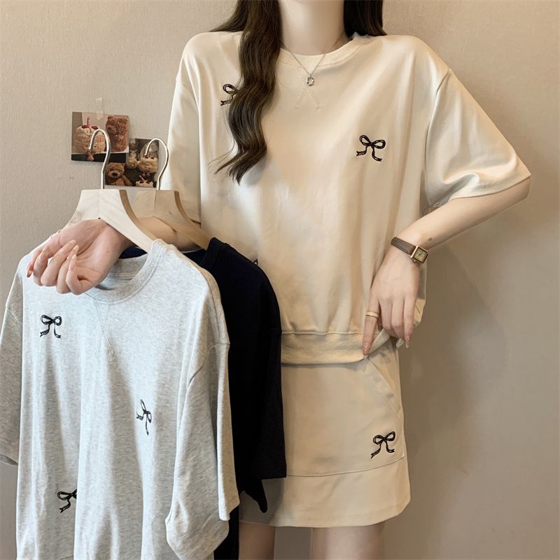 FA33364# 宽松刺绣蝴蝶结圆领短袖T恤上衣+A字高腰修身半身裙两件套女 服裝批發女裝批發服飾貨源