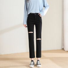 批发实拍 八九分小直筒裤女春秋韩版职业弹力高腰<b class='q'>破洞</b>休闲<b class='q'>打底裤</b>