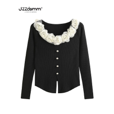批发九州诚品/JZZDEMM立体花朵装饰设计感<b class='q'>修身</b>坑条针织套头打底上衣女