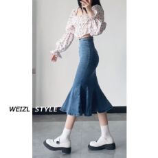 批发辣妹高腰牛仔鱼尾裙女2025年秋季新款设计感开叉包臀<b class='q'>中长款</b>半身裙