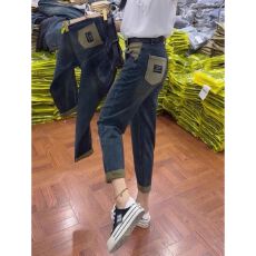 批发哈伦牛仔裤女秋季新款<b class='q'>大码</b>胖mm高腰水洗做旧撞色设计感萝卜老爹裤