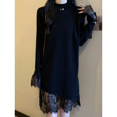 批发大码女装<b class='q'>赫本</b><b class='q'>风</b>黑色蕾丝拼接针织连衣裙秋冬胖mm显瘦不规则打底裙