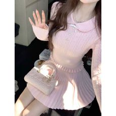 批发Q女家 进修校花/千金感粉色长袖上衣针织毛衣超好看秋冬裙子套装