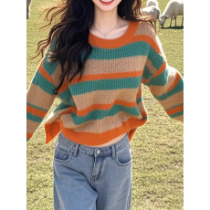 批发秋冬独特别致撞色条纹慵懒风毛衣针织打底衫女设计感宽松长袖上衣