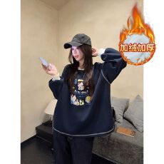 批发纯棉华棉复合真超加绒卫衣女秋冬新款潮卡通撞色圆领保暖上衣