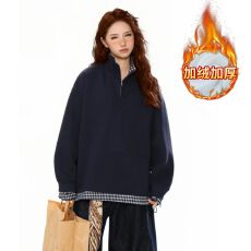 批发卫衣男秋冬加绒新款格子假两件拉链宽松立领保暖上衣韩版女装