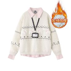 批发假两件卫衣女新款加绒秋冬卡通刺绣花宽松POLO领保暖上衣