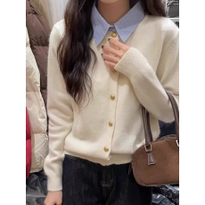 批发灰色<b class='q'>衬衫</b>领拼接假两件毛衣女春秋小个子修身内搭针织开衫翻领上衣