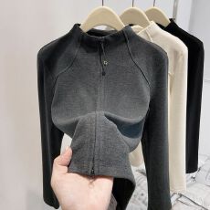 批发长袖t恤打底衫女装薄款潮春秋新款修身拉链纯色立领<b class='q'>上衣</b>