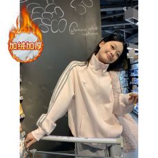 批发卫衣女装秋冬季新款潮条纹拉链开衫外套刺绣立领保暖上衣