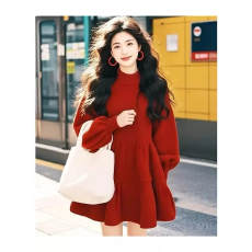 批发冬天韩国圣诞节本命年新年过年战袍气质红色<b class='q'>灯笼</b>袖针织毛衣<b class='q'>连衣裙</b>