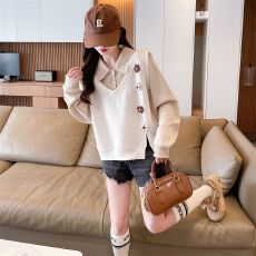 批发卫衣女秋冬新款撞色polo领<b class='q'>衬衫</b>小个子花朵假两件上衣女潮