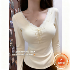 批发2025年法式<b class='q'>蕾丝</b>蝴蝶V领德绒打底衫女秋冬内搭修身纯欲上衣保暖<b class='q'>T</b><b class='q'>恤</b>