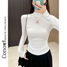 批发设计感抽褶显瘦长袖<b class='q'>t</b><b class='q'>恤</b>女春秋装新款半高领修身磨毛内搭打底衫潮