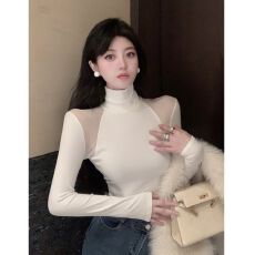 批发白色高领打底衫T恤女春秋装260克人棉设计感修身性感<b class='q'>网纱</b>露肩<b class='q'>上衣</b>