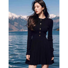 批发欧洲站2025<b class='q'>秋</b>冬新款赫本风黑色针织连衣裙别致绝美高级感百褶短裙