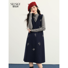 批发熙世界【日月星辰】千金风刺绣V领背心裙子女<b class='q'>秋</b>冬新款无袖连衣裙