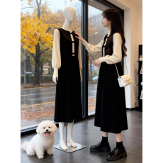 批发小香风复古高级感假两件连衣裙<b class='q'>秋</b>冬新款蝴蝶结半高领减龄毛衣裙子