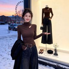 批发260克人棉抓毛 半高领镂空内搭<b class='q'>打底衫</b>女秋冬设计感<b class='q'>修身</b>长袖上衣