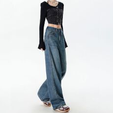 批发阔腿弯刀牛仔裤女2025秋冬潮流百搭新款高腰宽松显瘦美式镰刀<b class='q'>裤子</b>