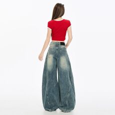 批发美式复古磨破阔腿弯刀牛仔裤女2025新款冬季高腰百搭镰刀香蕉<b class='q'>裤子</b>