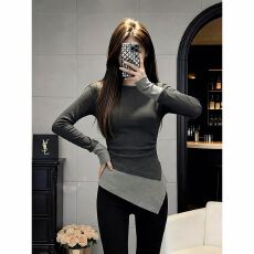 260克人棉螺纹 2026春秋季新款韩版长袖T恤女设计感