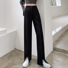 批发高档春秋新款ins阔腿裤西裤女秋开叉<b class='q'>西装</b>裤拖地裤子休闲长裤
