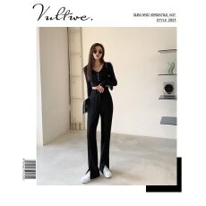 批发【广州面料+包边+朴纸】黑色<b class='q'>西装</b>裤女春秋直筒阔腿休闲开衩拖地裤