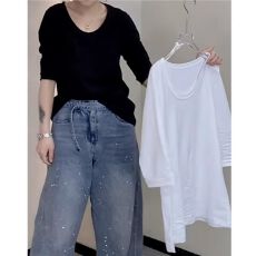 批发【紧密<b class='q'>莫代尔</b>】宽松显瘦遮肉休闲半袖<b class='q'>打底衫</b>洋气减龄气质百搭上衣