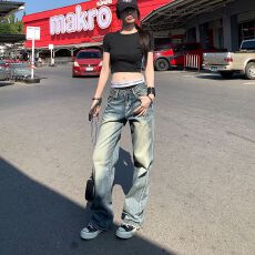 批发美式复古窄版直筒做旧<b class='q'>牛仔裤</b><b class='q'>女</b>2025冬季新款低腰显瘦百搭休闲裤子