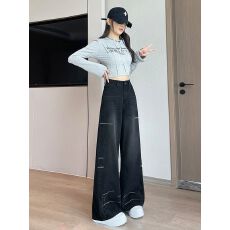 批发美式复古工装弯刀<b class='q'>牛仔裤</b><b class='q'>女</b>春秋季2026新款宽松显瘦破洞阔腿长裤子