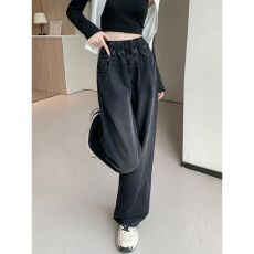 批发简约风休闲阔腿直筒<b class='q'>牛仔裤</b><b class='q'>女</b>大码秋冬胖MM松紧腰显瘦阔腿<b class='q'>裤</b>
