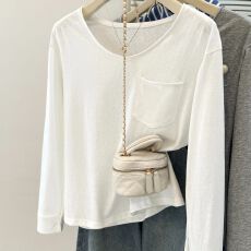 雪花棉小个子显瘦百搭v领口袋打底长袖T恤女秋季休闲上衣