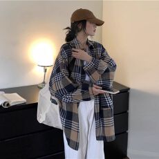 批发磨毛格子衬衫女2026新款秋<b class='q'>冬</b>中长款洋气复古宽松BF风加厚衬衣外套