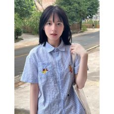 批发【含棉原版】  蓝色polo领刺绣短袖<b class='q'>衬衫</b>女夏季百搭别致格子<b class='q'>衬衣</b>