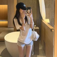 批发165克雪花棉39棉35莱赛尔26聚酯纤维 松弛感V领宽松短袖T恤上衣