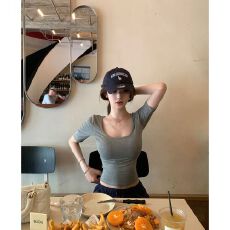 批发260克人棉罗纹92粘胶8氨纶 五分袖T恤女夏季U领显瘦修身半袖上衣