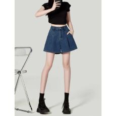 批发<b class='q'>时尚</b>气质高腰阔腿牛仔短裤女夏季薄款宽松显瘦褶皱设计直筒热裤子