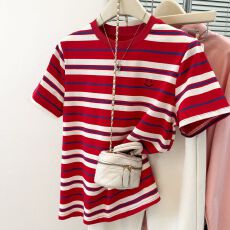 批发撞色<b class='q'>条纹</b>短袖T恤女夏季新款韩版宽松显瘦<b class='q'>打底衫</b>内搭半袖上衣