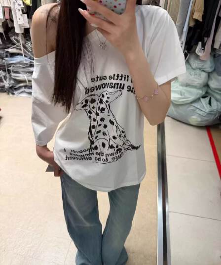 40 순면 220 그램 92 면 8 암모니아 Lun 비스듬한 칼라 오프숄더 오프숄더 반팔 티셔츠 여성