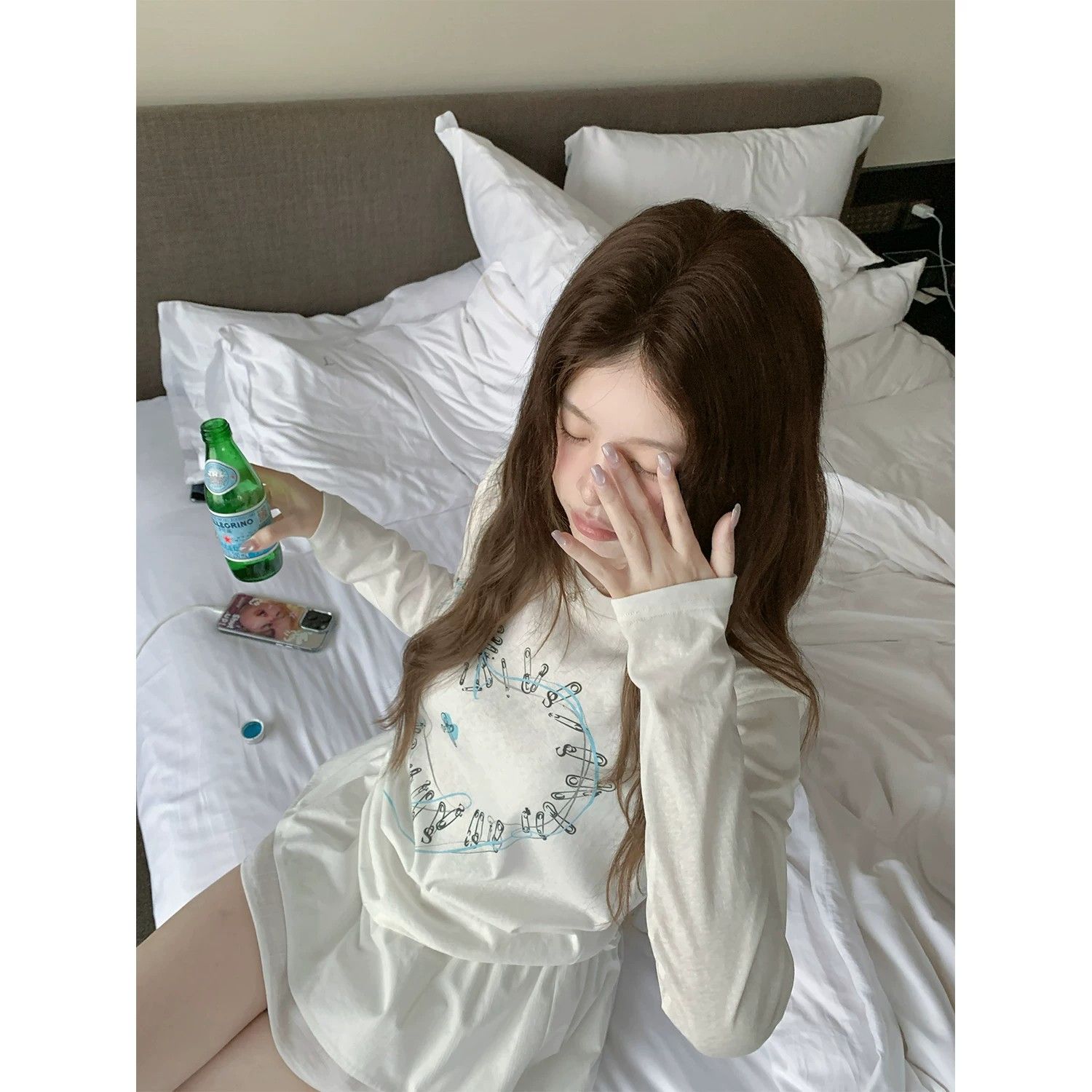 원본 것 하트 프린트 긴팔 티셔츠 여성 아름다운 쇼트 스타일 작은 맨위